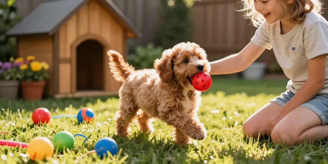 Cavapoo puppies Florida playing joyfully in a sunny backyard with toys and a child.