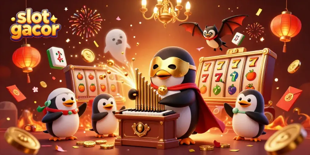 Engage in slot gacor with a cartoon penguin playing an organ, surrounded by gold and festive symbols.