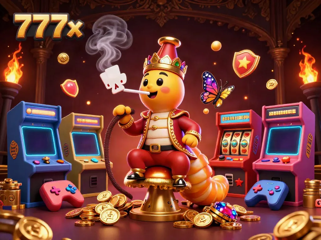 Experience thrilling gaming at 777x with a vibrant 3D cartoon illustration of a hookah-master and arcade elements!