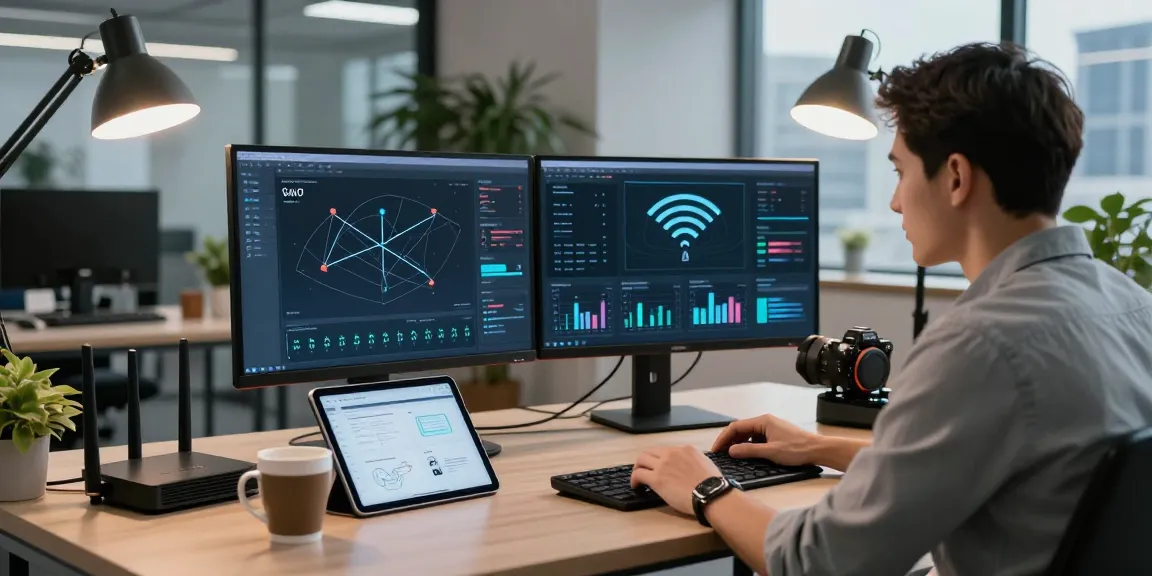 Analisis kinerja wifi4d di ruang kerja modern dengan layar ganda dan perangkat tanpa kabel.