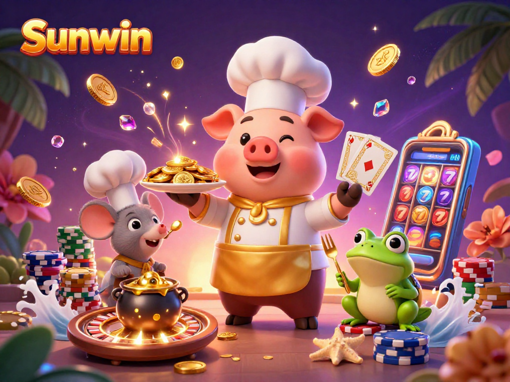 Spin and win with Sunwin's vibrant 3D casino scene showcasing chefs, gold coins, and gaming elements.