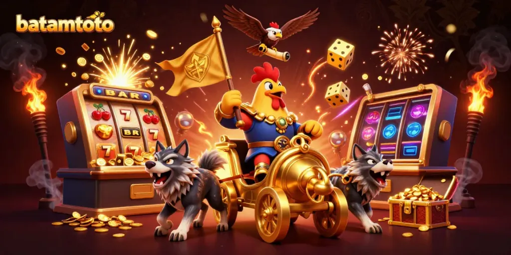 Experience the excitement of batamtoto with a vibrant 3D casino scene featuring a rooster warlord and dynamic gaming elements.