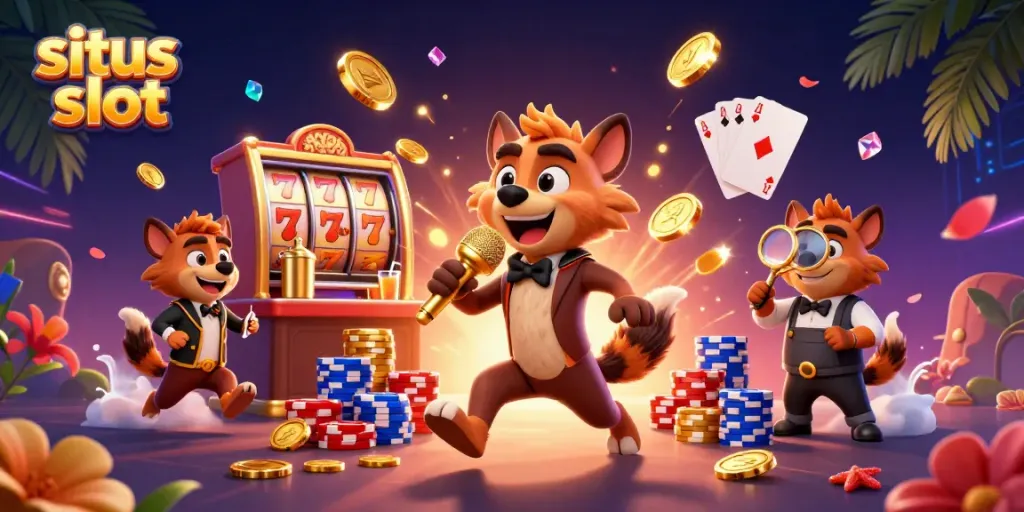 Geng hyena dalam situs slot meriah, bercerita sambil dikelilingi koin emas.