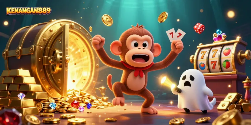 Engage with KENANGAN889's vibrant gambling experience through an exciting illustration featuring animated characters and slot elements.
