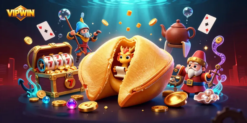 Spin the reels for rewards with VIPWIN's enchanting 3D casino scene featuring gold and fortune elements.