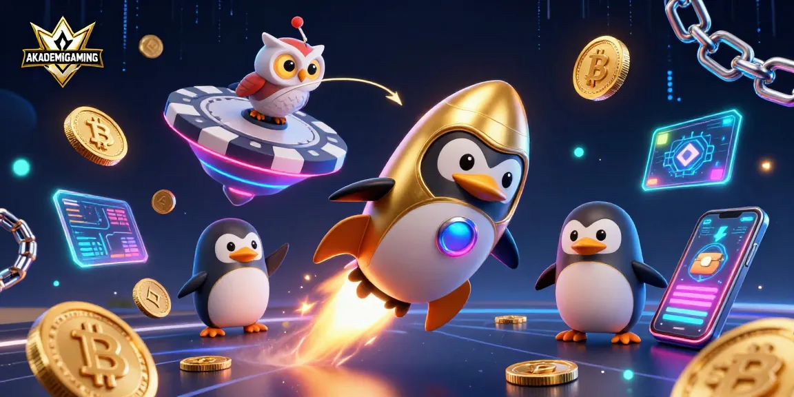 Experience the excitement of AKADEMIGAMING with dynamic visuals of a golden penguin launching into casino space.