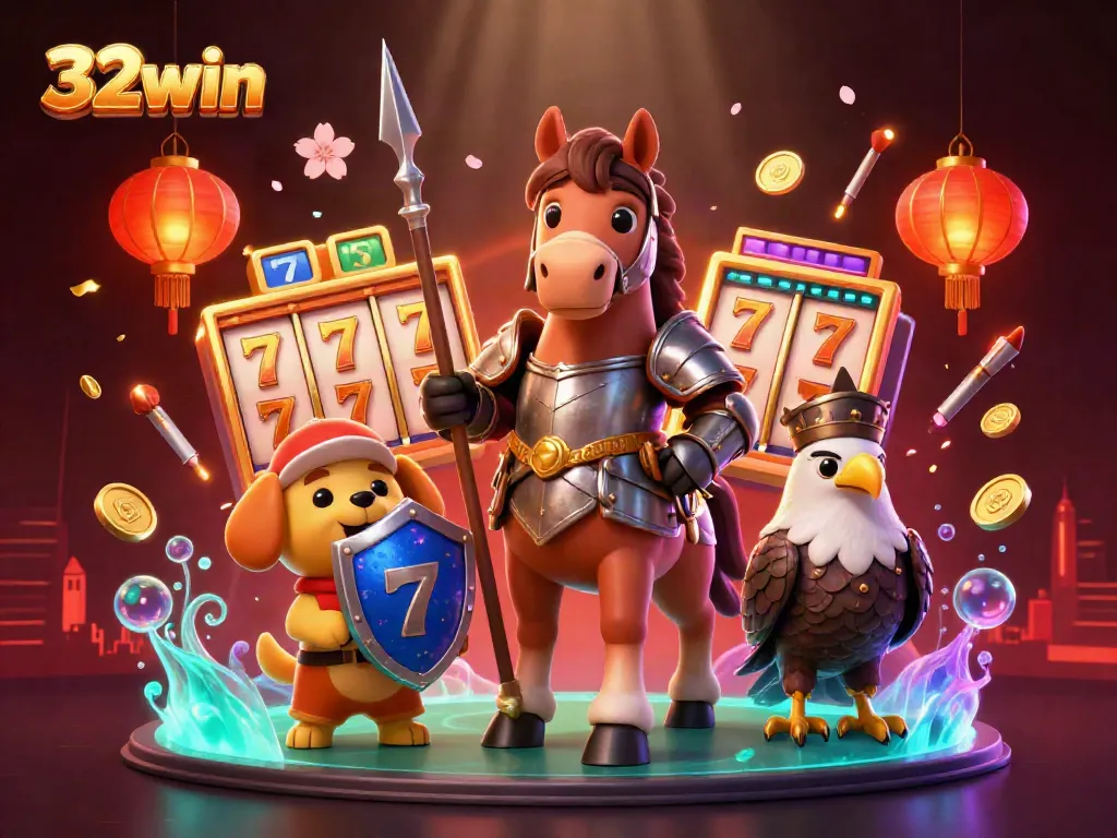 Engage in thrilling gaming at 32win with vibrant casino-themed 3D illustration featuring knights and magical elements.