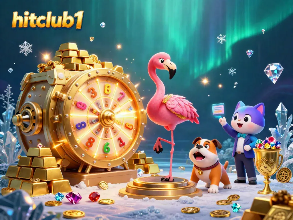 Engaging scene of hitclub1 with a game show host flamingo, bulldog contestant, and cat assistant revealing prizes amidst vibrant casino elements.