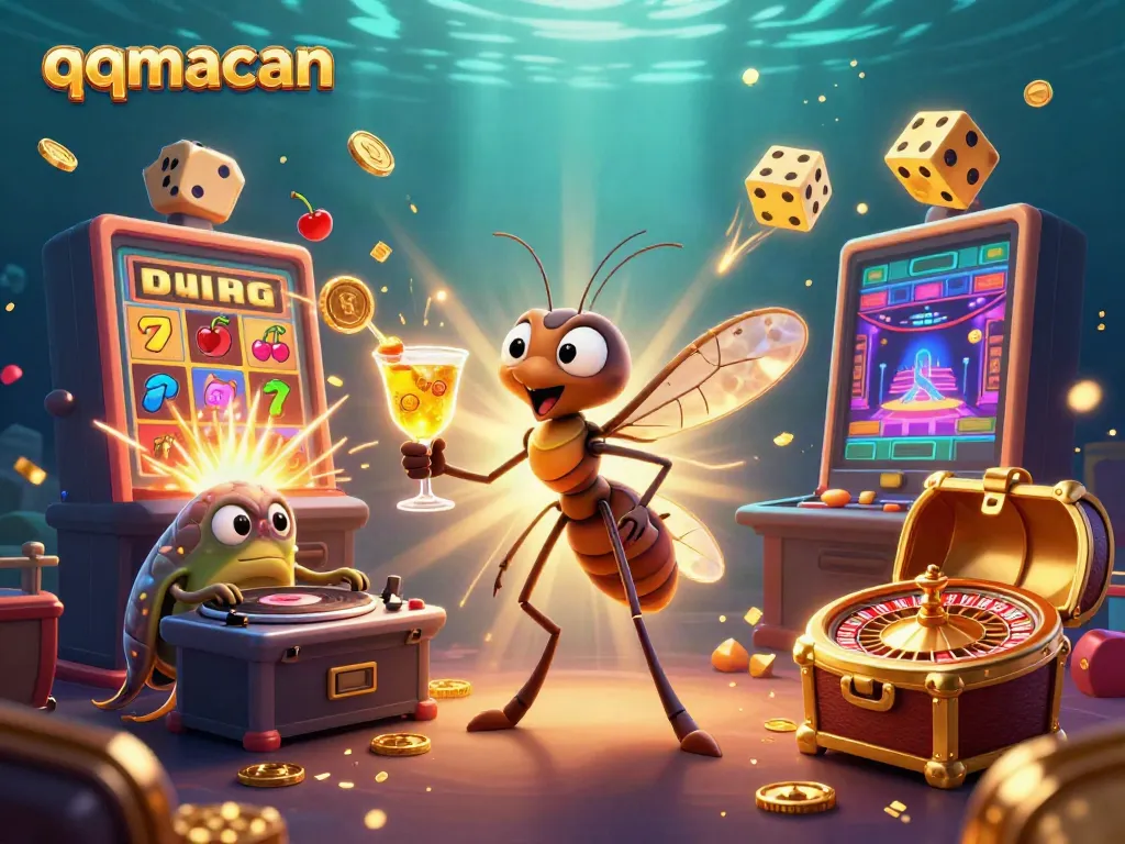 Experience the excitement of qqmacan with a vibrant 3D casino scene featuring unique characters and jackpot elements.