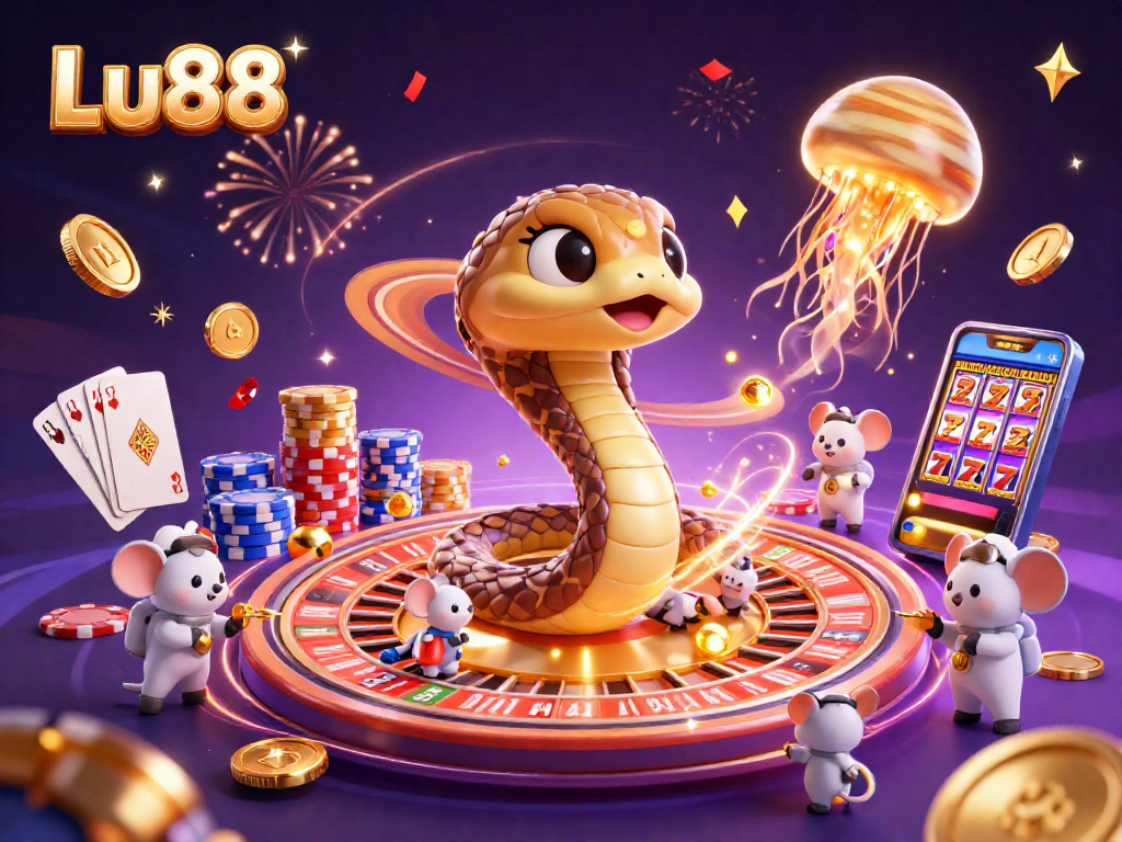 Experience the excitement of Lu88 with this 3D illustration showcasing celestial elements and casino action.