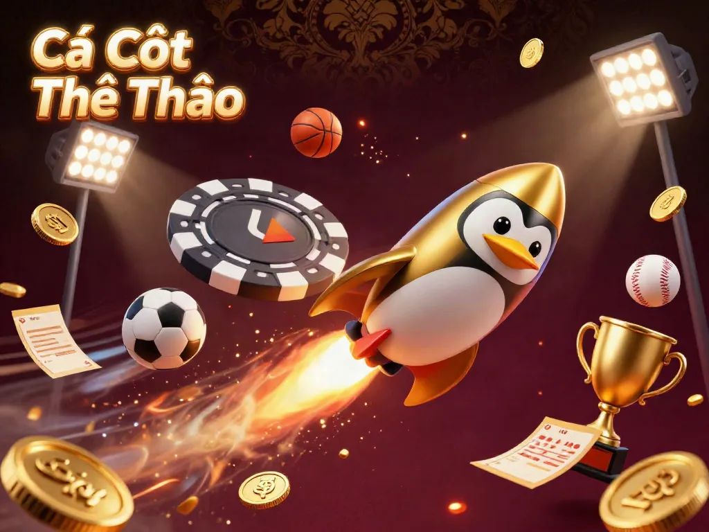 A vibrant scene of Cá Cược Thể Thao with a golden penguin in space surrounded by sports balls and a casino station.
