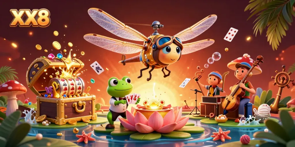 Experience high-stakes action at XX8 casino with animated dragonfly pilot, frog dealer, and thrilling slot games.