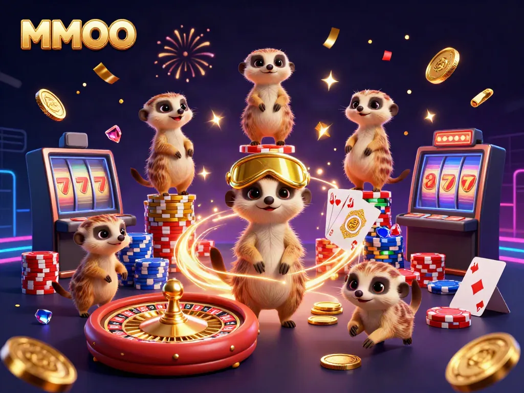 Experience the thrill of MMOO with meerkats running a vibrant casino operation amidst golden coins and excitement.