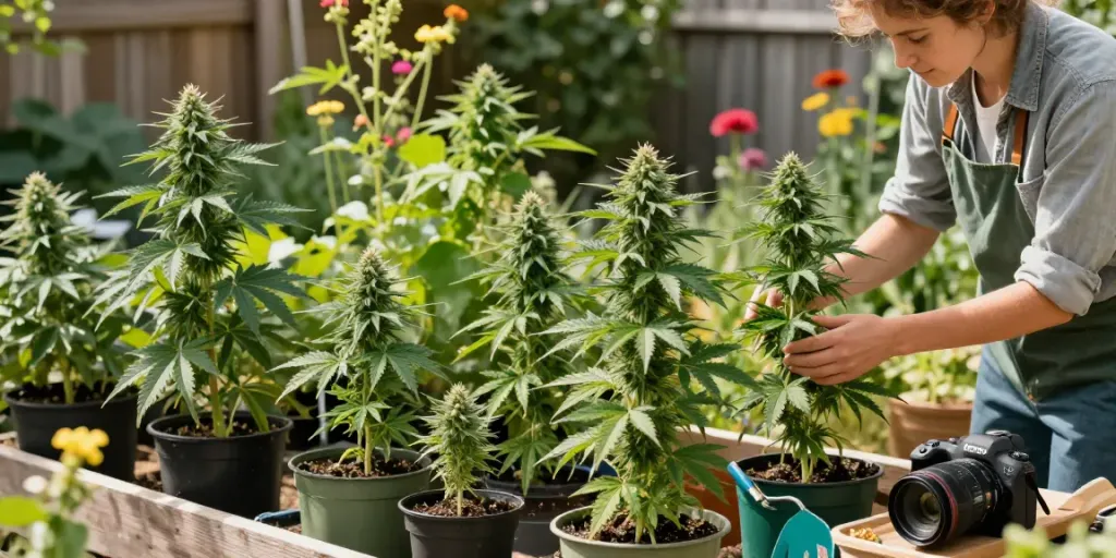 Feminized seeds thriving in a vibrant garden with a gardener inspecting plants.