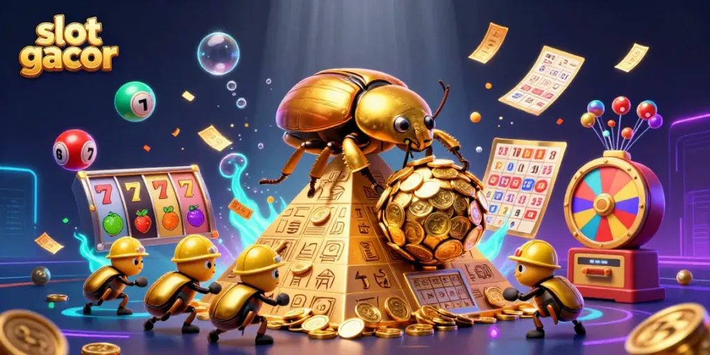 Menangkan slot gacor dengan ilustrasi menarik dari berbagai simbol kasino dan koin emas.