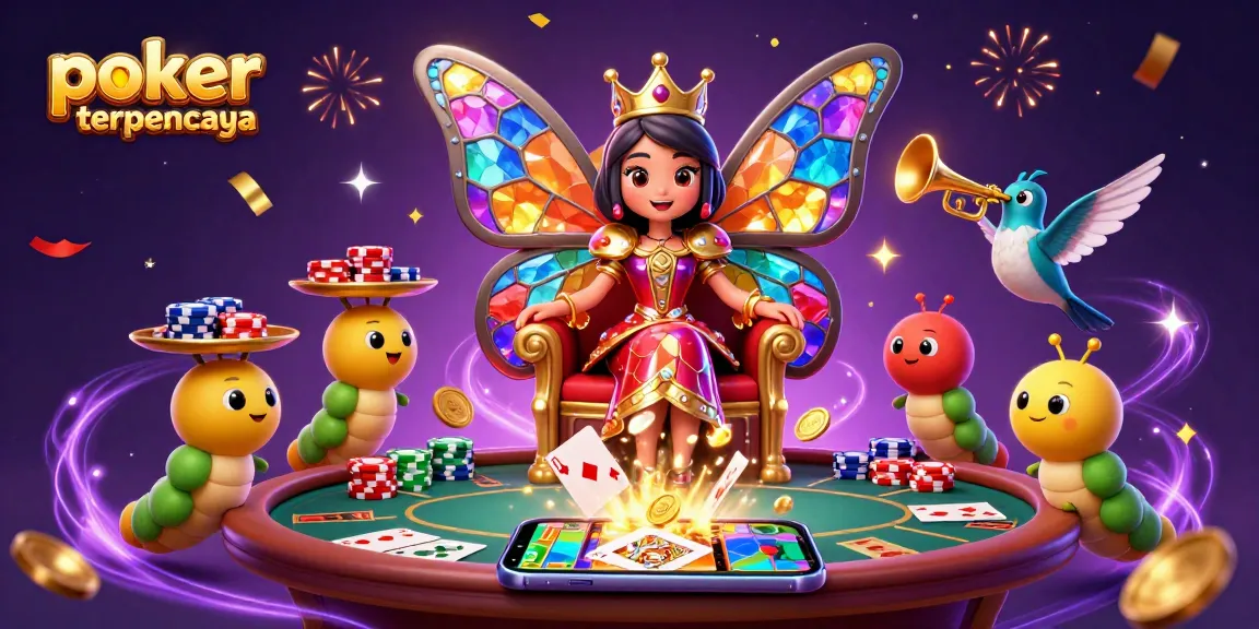 Permainan poker online terpercaya yang memikat dengan ilustrasi ratu kupu-kupu dan elemen kasino yang berkilau.
