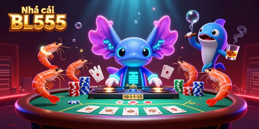 Experience the vibrant gaming scene at Nhà cái BL555, where an axolotl DJ spins tracks surrounded by poker elements.