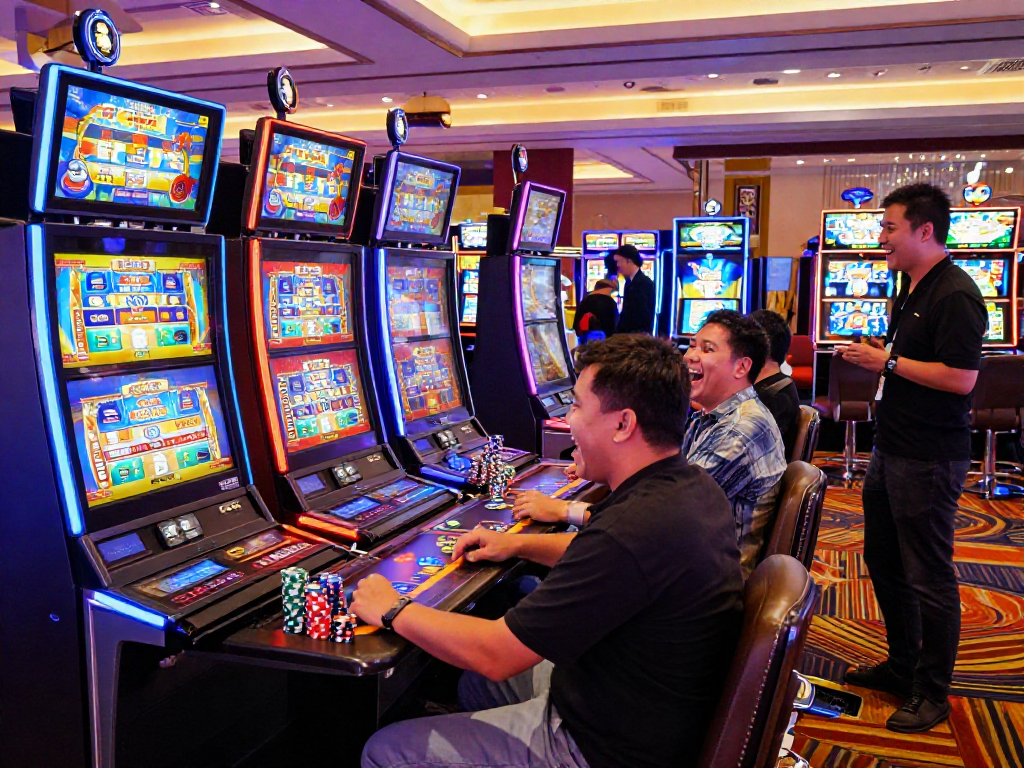 Exciting gaming scene showing players at a 'slot gacor' machine in a lively casino environment, vibrant atmosphere, neon lights.