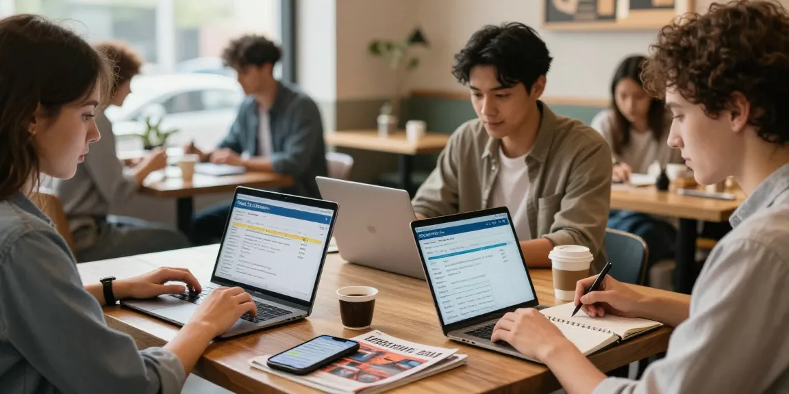 Young adults learning about Free Credit Scores in a cozy cafe.