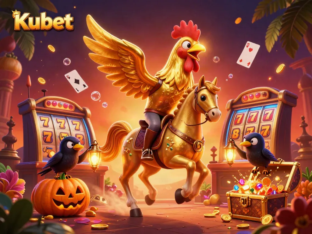 Kubet casino scene showing a golden rooster riding a spectral horse, surrounded by slot elements and vibrant visuals.