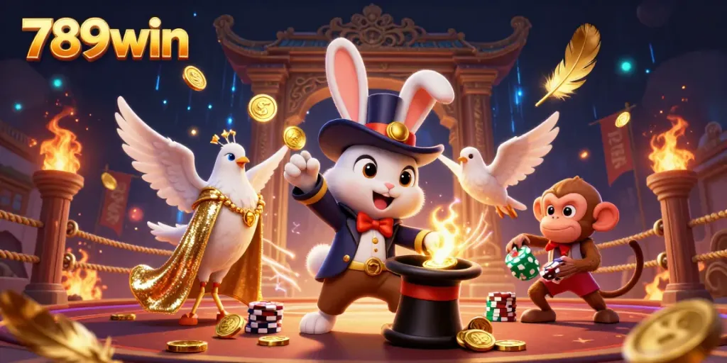 Experience the thrill of 789win with a magical scene of a rabbit and friends engaging in casino fun.