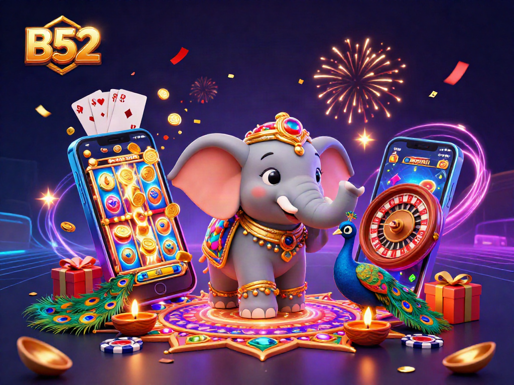Engage with B52 gameplay excitement in a vibrant casino-themed illustration featuring dynamic slot elements.