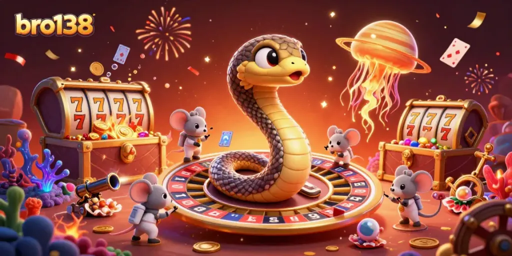 Explore thrilling gaming action at bro138 with animated slots, cosmic dealer, and a festive atmosphere.