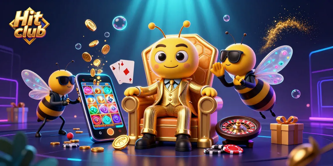Hit club showcases thrilling 3D casino action with a cartoon bumblebee boss amidst slot games and vibrant visuals.