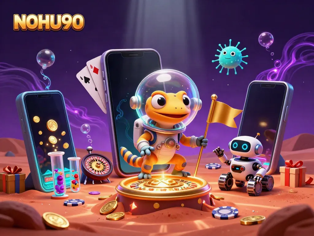 Experience the excitement of NOHU90 with a Martian gecko discovering a golden casino in a vibrant illustration.
