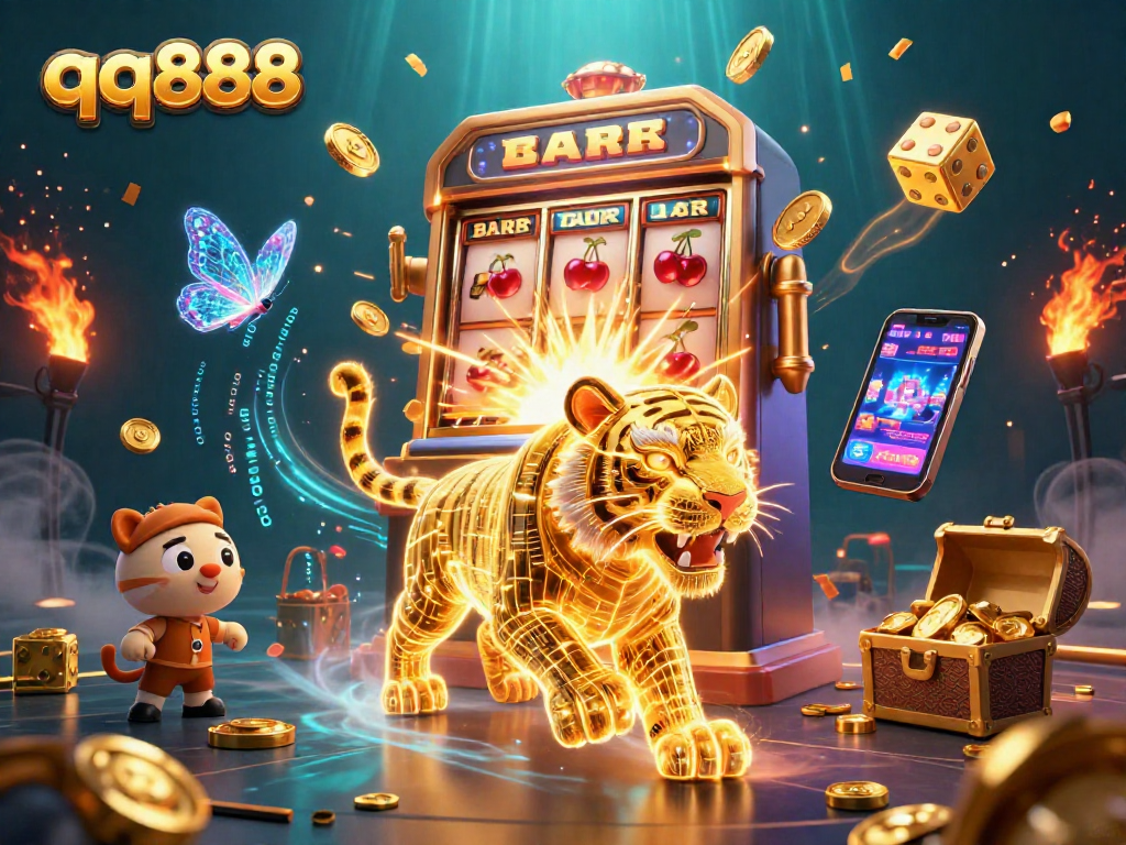 Engage in exciting games at qq888 with golden tiger amidst a vibrant casino scene.