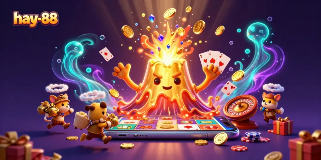 Experience the excitement at hay-88 with a golden volcano erupting treasures in a vibrant casino scene.