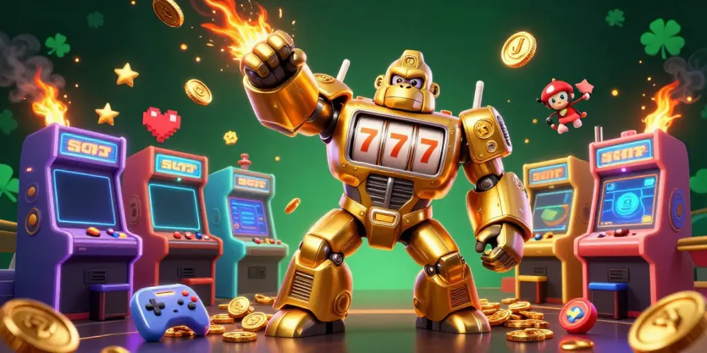 Engage with thrilling slot gameplay featuring a dynamic golden gorilla mech and vibrant arcade elements.