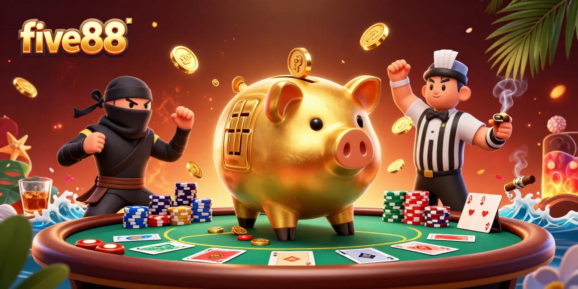 Experience exciting gaming action at five88 with a lively scene featuring a golden piggy bank sumo wrestler amidst vibrant casino elements.