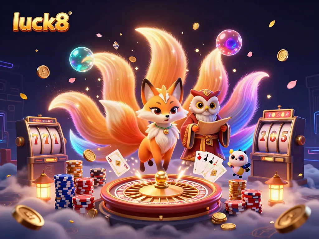Experience luck8 with vibrant animated characters and dynamic casino elements in a colorful 3D scene.