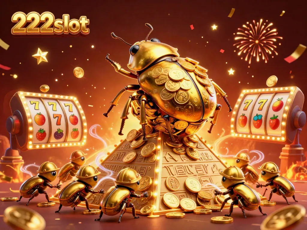 Menggulung koin emas di pyramid dengan 222slot, kumbang mengundang keberuntungan dalam permainan.