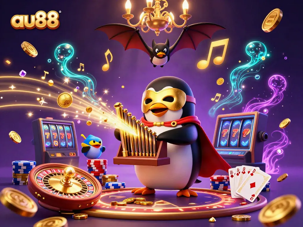 Experience the excitement of au88 with a whimsical illustration of vibrant casino elements and characters.