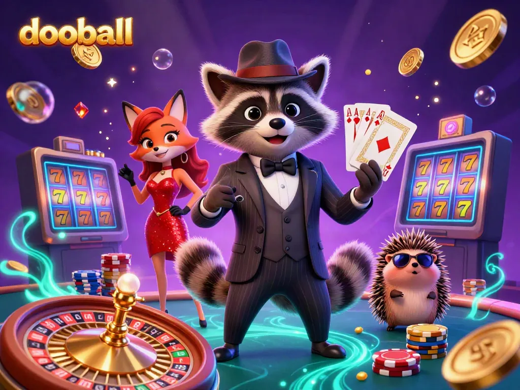 Engage with dooball's thrilling atmosphere featuring a suave raccoon, fox lady, and hedgehog in a sparkling casino scene with gold coins and cards.